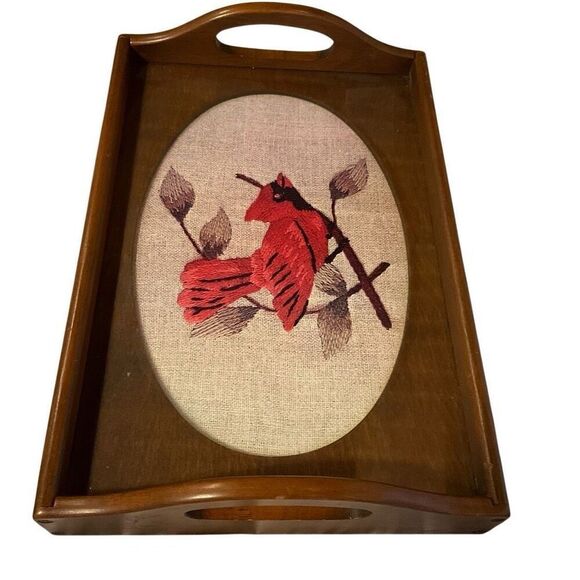 Vintage Cardinal Glass Topped Wood Needlepoint Tray with Handles by Three Mounta - Picture 3 of 11